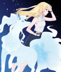 Rule 34 | 1girl, aged up, alolan form, alolan ninetales, arm up, bare arms, bare shoulders, black skirt, blonde hair, blunt bangs, braid, breasts, chun (ya i memories), closed mouth, commentary request, creatures (company), french braid, from side, game freak, gen 7 pokemon, gradient background, green eyes, highres, holding, holding poke ball, lillie (pokemon), long hair, looking at viewer, medium breasts, nintendo, no legwear, outline, poke ball, pokemon, pokemon (anime), pokemon (creature), pokemon sm (anime), ruffling hair, shirt, shoes, sidelocks, skirt, sleeveless, sleeveless shirt, standing, two-tone background, ultra ball, white footwear, white outline, white shirt