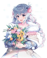 Rule 34 | 1girl, :d, aqua hair, bouquet, braid, brown eyes, character name, commentary, copyright request, double bun, english commentary, flower, fur trim, hair bun, hair intakes, hair ornament, highres, holding, holding bouquet, long hair, looking at viewer, multicolored hair, open mouth, pink hair, satchely, seru kisen, smile, solo, two-tone hair, upper body, virtual youtuber