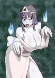 Rule 34 | 1girl, bare shoulders, black hair, blush, breasts, cleavage, collarbone, colored skin, covered erect nipples, cowboy shot, fangs, female focus, foreshortening, ghost, grey hair, hair ornament, highres, hitodama, japanese clothes, kimono, large breasts, leaning forward, long hair, long sleeves, looking at viewer, obmas, off shoulder, original, pale skin, pink eyes, purple eyes, side slit, sidelocks, solo, standing, tongue, tongue out, triangular headpiece, white skin, wide sleeves, yukata