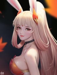 Rule 34 | 1girl, animal ears, artist name, bare shoulders, black background, black choker, blonde hair, blunt bangs, breasts, brown eyes, character request, choker, citemer, closed mouth, copyright request, from side, highres, large breasts, lipstick, long hair, looking at viewer, makeup, medium breasts, rabbit ears, red lips, smile, solo, very long hair, wangzhe rongyao