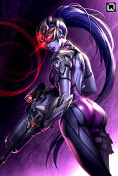 Rule 34 | 1girl, animal print, ass, back, back tattoo, black gloves, black hair, body writing, bodysuit, breasts, center opening, colored skin, cowboy shot, earrings, from behind, gauntlets, gloves, gun, head-mounted display, helmet, holding, holding gun, holding weapon, holster, jewelry, kuroi-tsuki, lipstick, long hair, looking back, makeup, overwatch, overwatch 1, ponytail, purple hair, purple lips, purple skin, rifle, short sleeves, skin tight, skirt, sniper rifle, solo, spider print, spider tattoo, stud earrings, tattoo, thigh holster, thigh strap, very long hair, visor, weapon, widowmaker (overwatch)