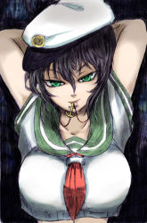 Rule 34 | 1girl, anchor, arms behind head, arms up, black hair, breasts, collarbone, come hither, crop top, crop top overhang, ginji (sakaki summer), green eyes, hat, jewelry, large breasts, looking at viewer, midriff, mouth hold, murasa minamitsu, neckerchief, necklace, pendant, sailor hat, school uniform, serafuku, short sleeves, solo, touhou, upper body