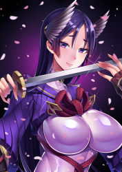 Rule 34 | 1girl, absurdres, armor, bad id, bad pixiv id, blush, bodysuit, breasts, fate/grand order, fate (series), fingerless gloves, gloves, hair ornament, highres, japanese clothes, large breasts, lips, long hair, looking at viewer, may (2747513627), minamoto no raikou (fate), purple eyes, purple hair, ribbon, simple background, smile, solo, sword, upper body, very long hair, weapon