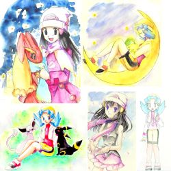 Rule 34 | 00s, 1990s (style), 2girls, animal nose, bad id, bad pixiv id, bike shorts, black hair, blue hair, chikorita, creatures (company), crescent moon, dawn (pokemon), espeon, game freak, gen 2 pokemon, gen 4 pokemon, kris (pokemon), kurara ark, long hair, lopunny, moon, multiple girls, nintendo, pokemon, pokemon (creature), pokemon dppt, pokemon gsc, retro artstyle, scarf, sleeping, traditional media, twintails, umbreon, winter clothes