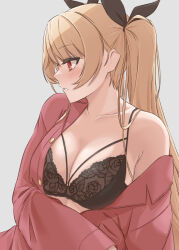 Rule 34 | 1girl, azur lane, black bra, black ribbon, blonde hair, blush, bra, breasts, collarbone, commentary, from side, grey background, hair ribbon, highres, lace, lace-trimmed bra, lace trim, large breasts, long hair, long sleeves, nelson (azur lane), off shoulder, red eyes, red shirt, ribbon, shirt, simple background, solo, twintails, underwear, uniazi mikan, upper body