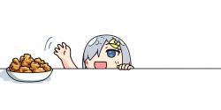 Rule 34 | 1girl, ^^^, blue eyes, commentary request, fried chicken, grey hair, hair ornament, hair over one eye, hairclip, hama! (3toshinhmkz), hamakaze (kancolle), kantai collection, no nose, short hair, simple background, solo, table, upper body, white background