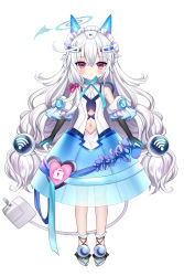 Rule 34 | 1girl, absurdres, bare shoulders, black gloves, blue footwear, blue gloves, blue skirt, blush, closed mouth, commentary request, crescent, elbow gloves, gloves, gradient gloves, hair between eyes, halo, headgear, heart, highres, indie virtual youtuber, long hair, looking at viewer, maid headdress, navel, official art, padko, power symbol, red eyes, see-through, shiodome oji, shirt, shoes, simple background, skirt, sleeveless, sleeveless shirt, smile, solo, standing, tail, very long hair, virtual youtuber, white background, white hair, white shirt, wifi symbol