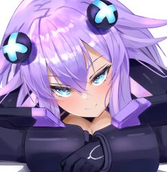 Rule 34 | 1girl, bimmy, blue eyes, blush, braid, breasts, cleavage, gloves, hair between eyes, hair ornament, highres, large breasts, long hair, looking at viewer, neptune (series), open mouth, power symbol, power symbol-shaped pupils, purple hair, purple heart (neptunia), smile, solo, symbol-shaped pupils, twin braids, twintails