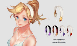 Rule 34 | 1girl, absurdres, alternate costume, bare shoulders, blonde hair, blue eyes, breasts, cable, cleavage, collarbone, copyright name, dress, eyelashes, eyeliner, headphones, highres, lipstick, looking at viewer, makeup, medium breasts, mercy (overwatch), overwatch, overwatch 1, parted lips, pink lips, ponytail, sai ichirou, simple background, sleeveless, sleeveless dress, smile, solo, upper body, white dress