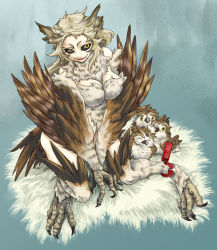Rule 34 | artist request, beak, bird, black sclera, blonde hair, breasts, colored sclera, feathers, harpy, looking at viewer, monster girl, nest, owl, smile, talons, yellow eyes