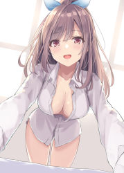 Rule 34 | 1girl, blouse, blush, bottomless, breasts, brown hair, cleavage, collarbone, collared shirt, commentary request, cowboy shot, downblouse, foreshortening, grey shirt, hatsu (first snow), highres, idolmaster, idolmaster shiny colors, large breasts, leaning forward, long hair, long sleeves, looking at viewer, naked shirt, no bra, no pants, outstretched arms, partially unbuttoned, ponytail, red eyes, shirt, solo, tsukioka kogane, white shirt