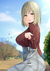 Rule 34 | 1girl, absurdres, bench, blurry, blurry background, breasts, brown eyes, bush, cloud, cloudy sky, dating, day, dress, hair between eyes, highres, light brown hair, nagi aoi, open mouth, original, park, park bench, pov dating, sky, smile, solo, sunlight, sweater, turtleneck, turtleneck sweater