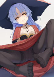 1girl blue_hair capelet cleavage_cutout clothing_cutout corset feet grey_background hat highres long_hair looking_at_viewer magician_(ogami_kazuki) medium_skirt ogami_kazuki original panties panties_under_pantyhose pantyhose partially_shaded_face pink_panties simple_background skirt solo thighband_pantyhose underwear upskirt witch witch_hat yellow_eyes