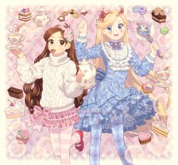 Rule 34 | 2girls, :d, animification, aran sweater, back bow, blonde hair, blue dress, blue eyes, blue legwear, bow, brown eyes, brown hair, cable knit, cake, cake slice, checkerboard cookie, cherry, chocolate cake, commentary, cookie, crossover, crown print, cup, cupcake, dav-19, dessert, diamond (shape), dress, english commentary, facial mark, fake horns, feet out of frame, flat chest, floating, floating object, floral print, flower, food, food in mouth, frilled dress, frilled sleeves, frills, fruit, gravity falls, hair flower, hair ornament, hairband, hands up, heart, heart cheeks, holding, holding saucer, horned headwear, horns, layered skirt, legs apart, levitation, lolita fashion, long hair, long sleeves, looking at viewer, mabel pines, macaron, mary janes, miniskirt, mouth hold, multiple girls, open mouth, outside border, pantyhose, petticoat, pink background, pink bow, pink flower, pink skirt, plaid, plaid skirt, plate, print bow, print dress, print skirt, red footwear, saucer, shoes, skirt, smile, sparkle, spoon, star (symbol), star butterfly, star vs the forces of evil, star wand, striped clothes, striped legwear, striped pantyhose, sugar cube, sweater, sweet lolita, sweets, tart (food), tea, tea set, teacup, teapot, turtleneck, turtleneck sweater, very long hair, wand, watermark, web address, white sweater, winged wand