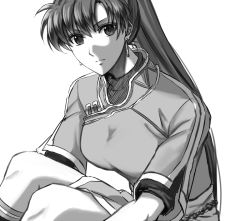 Rule 34 | 1girl, close-up, delsaber, earrings, fire emblem, fire emblem: the blazing blade, frown, greyscale, jewelry, knees up, long hair, looking at viewer, lyn (fire emblem), monochrome, nintendo, ponytail, rope belt