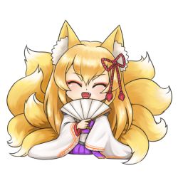 Rule 34 | 1girl, animal ear fluff, animal ears, blonde hair, bow, chibi, closed eyes, hand fan, fangs, folding fan, fox ears, fox tail, full body, hair bow, japanese clothes, jing li, long hair, mon-musu quest!, multiple tails, open mouth, sitting, solo, tail, tamamo (mon-musu quest!), transparent background, white background