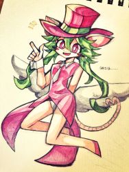 Rule 34 | 1girl, animal ears, blush stickers, breasts, green hair, hat, heart, heart tail, highres, leotard, mad rat dead, mouse (animal), mouse ears, mouse girl, mouse tail, nanaporitan01, nippon ichi, rat god, red eyes, tail, tie clip, top hat, wings, wrist cuffs