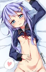Rule 34 | 10s, 1girl, aftersex, blue eyes, bottomless, clothes lift, cum, cum in pussy, flat chest, groin, heart, kantai collection, long hair, lying, navel, nipples, no bra, on back, out-of-frame censoring, purple hair, school uniform, serafuku, shirt, shirt lift, short hair with long locks, smile, solo, spoken heart, tears, unacchi (nyusankin), yayoi (kancolle)