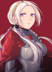 Rule 34 | 1girl, absurdres, armor, boobplate, breastplate, cape, commentary request, edelgard von hresvelg, fire emblem, fire emblem: three houses, fire emblem warriors, fire emblem warriors: three hopes, forehead, hairband, highres, long hair, looking at viewer, nintendo, official alternate costume, official alternate hairstyle, parted lips, pauldrons, peach11 01, purple eyes, red background, red cape, shoulder armor, silver hair, simple background, solo, upper body