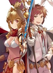 Rule 34 | 1boy, 1girl, animal ears, blonde hair, breasts, brown eyes, brown hair, cleavage, commentary request, djeeta (granblue fantasy), fake animal ears, gauntlets, gloves, gran (granblue fantasy), granblue fantasy, hinami (hinatamizu), holding, holding weapon, looking at viewer, medium breasts, rabbit ears, sage (granblue fantasy), short hair, smile, spartan (granblue fantasy), weapon, white gloves