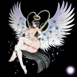 Rule 34 | 1girl, angel wings, anus, armpits, ass, azazel (last origin), black background, black hair, blue flower, blue rose, blush, breasts, bridal gauntlets, bridal legwear, crotchless, crotchless panties, crown, cum, cum in pussy, cumdrip, detached collar, elbow gloves, feathers, feet, female focus, flower, full body, garter straps, gloves, groin, hair over one eye, halo, happy, heart, heart hands, large breasts, last origin, legs, long hair, looking at viewer, lots of jewelry, nippleless clothes, nipples, panties, parted lips, petals, pink eyes, pussy, rorobomb, rose, simple background, smile, solo, tachi-e, thighhighs, thighs, third-party edit, toeless legwear, toes, uncensored, underwear, very long hair, white thighhighs, wings