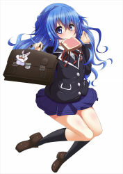 Rule 34 | 1girl, absurdres, bag, black legwear, blue eyes, blue hair, blush, bread slice, briefcase, date a live, eyepatch, food, food in mouth, hands up, highres, jewelry, long hair, looking at viewer, mouth hold, pendant, school bag, school briefcase, school uniform, solo, toast, toast in mouth, tora hou, yoshino (date a live), yoshinon