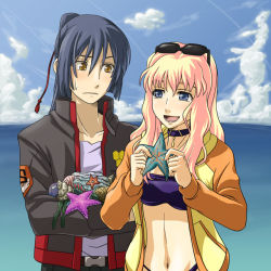 Rule 34 | 00s, 1boy, 1girl, :d, blue eyes, blue sky, breasts, choker, cleavage, cloud, collarbone, crossed arms, day, holding, horizon, long hair, long sleeves, macross, macross frontier, midriff, navel, ocean, open mouth, outdoors, pink hair, ponytail, saotome alto, sheryl nome, sky, smile, star (symbol), starfish, stomach, sunglasses, unyon, very long hair, water