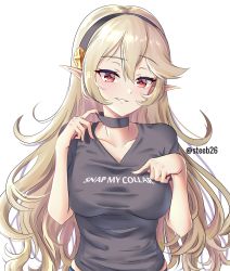 Rule 34 | 1girl, alternate costume, black hairband, black shirt, blonde hair, breasts, choker, clothes writing, corrin (female) (fire emblem), corrin (fire emblem), english text, fire emblem, fire emblem fates, hairband, highres, large breasts, nintendo, parted lips, pointy ears, red eyes, shirt, short sleeves, simple background, solo, steeb, twitter username, white background