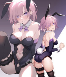 Rule 34 | 1girl, adapted costume, ass, back, bare shoulders, black hair, black leotard, black thighhighs, blush, breasts, bridal garter, cleavage, clothing cutout, collarbone, detached collar, fate/grand order, fate (series), hair over one eye, highleg, highleg leotard, highres, knee up, large breasts, leotard, light purple hair, looking at viewer, looking back, mash kyrielight, multiple views, navel, navel cutout, parted lips, playboy bunny, purple eyes, rabbit tail, short hair, siino, sitting, strapless, strapless leotard, tail, thighhighs, thighs, wrist cuffs