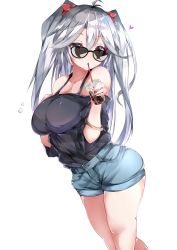Rule 34 | 1girl, antenna hair, azur lane, bangle, blue shorts, blush, bracelet, breasts, casual, cup, drinking, hair between eyes, heart, highres, holding, holding cup, jewelry, large breasts, long hair, looking at viewer, looking over eyewear, looking over glasses, multicolored hair, mutou mame, prinz eugen (azur lane), red hair, ribbon, short shorts, shorts, silver hair, simple background, solo, streaked hair, sunglasses, tareme, tinted eyewear, two side up, very long hair, white background