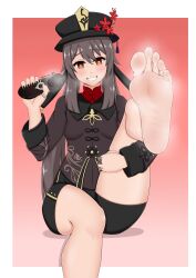 Rule 34 | 1girl, absurdres, barefoot, brown eyes, feet, foot up, genshin impact, grin, hat, highres, holding, holding shoes, hu tao (genshin impact), light blush, long hair, looking at viewer, shoes, unworn shoes, single shoe, smile, soles, steam, toes