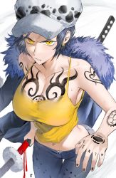 Rule 34 | 1girl, absurdres, anger vein, arm tattoo, blue hair, breast tattoo, breasts, cleavage, coat, coat on shoulders, dark blue hair, denim, earrings, from above, fur-trimmed coat, fur trim, genderswap, genderswap (mtf), hand tattoo, hand up, hat, highres, holding, holding sheath, jeans, jewelry, large breasts, odyssey 21, one piece, pants, scowl, sheath, short hair, solo, sword, tank top, tattoo, trafalgar law, weapon, white background, yellow eyes, yellow tank top
