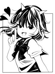 Rule 34 | 1girl, :d, bow, bowtie, cone horns, fang, hanokami, heart, high contrast, highres, horns, index finger raised, kijin seija, looking at viewer, monochrome, multicolored hair, open mouth, short sleeves, smile, solo, touhou, upper body
