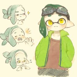 Rule 34 | 1boy, blush, closed mouth, collarbone, goggles, goggles on head, green hair, green jacket, hands in pockets, highres, index fingers together, inkling, inkling boy, inkling player character, jacket, ksy yo, male focus, nintendo, no nose, open mouth, pointy ears, red shirt, sharp teeth, shirt, short hair, simple background, smile, sparkle, splatoon (series), splatoon 2, tears, teeth, tentacle hair, thinking, white background, yellow eyes