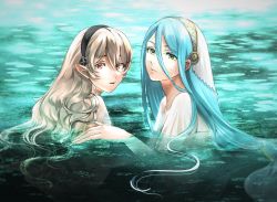 Rule 34 | 2girls, azura (fire emblem), bathing, bavaa, black headband, blue hair, closed mouth, commentary, corrin (female) (fire emblem), corrin (fire emblem), fire emblem, fire emblem fates, grey hair, hair between eyes, hair tubes, headband, in water, long hair, looking at viewer, multiple girls, nintendo, panties, parted bangs, partially submerged, pointy ears, red eyes, shirt, underwear, veil, very long hair, water, wet, wet clothes, wet hair, wet shirt, white shirt, white veil, yellow eyes