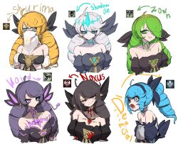 Rule 34 | 6+girls, absurdres, ahoge, alternate color, alternate eye color, alternate hair color, bare shoulders, black bow, black hair, black sleeves, blonde hair, blush, bow, breasts, cleavage, collarbone, cropped torso, demacia (league of legends), detached sleeves, drill hair, dual persona, green eyes, green hair, grin, gwen (league of legends), hair bow, hair ornament, hair over one eye, highres, large breasts, league of legends, long hair, looking at viewer, monakan japan, mouth veil, multiple girls, multiple views, noxus (league of legends), open mouth, ponytail, red eyes, shurima (league of legends), simple background, smile, teeth, twin drills, twintails, upper body, veil, void (league of legends), white background, white hair, zaun (league of legends)
