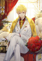 Rule 34 | 1boy, adapted costume, blonde hair, bottle, bouquet, chain, closed mouth, corded phone, couch, crossed legs, cup, day, drinking glass, earrings, ekita kuro, fate/grand order, fate (series), feet out of frame, flower, formal, gilgamesh (fate), gloves, hand on own knee, highres, indoors, jacket, jewelry, lock, lock earrings, long sleeves, looking at viewer, male focus, necktie, pants, phone, red eyes, red flower, red rose, red shirt, rose, shirt, sitting, smile, solo, suit, tray, white gloves, white jacket, white pants, window, wing collar, yellow necktie