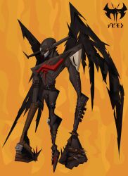 Rule 34 | 972819623datiancai, absurdres, arm belt, black horns, black wings, devimon, digimon, digimon (creature), gloves, highres, horns, long arms, red eyes, sharp teeth, spiked gloves, teeth, wings, yellow background