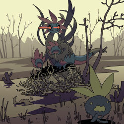 Rule 34 | bare tree, closed mouth, creatures (company), day, dragon, drooling, fangs, fangs out, full body, fur, game freak, gen 1 pokemon, gen 5 pokemon, grass, hydreigon, light trail, looking at another, multiple heads, multiple wings, muted color, nintendo, no humans, oddish, open mouth, outdoors, pokemon, pokemon (creature), red eyes, running, saboterian, skeleton, sky, standing, tree, wetland, wings, yellow sky