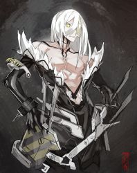 Rule 34 | 1boy, bare pectorals, bare shoulders, belt, closed mouth, collarbone, fur trim, hair between eyes, highres, long hair, madiblitz, male focus, muscular, original, pectorals, signature, sketch, solo, spikes, talisman, weapon, white hair, yellow eyes