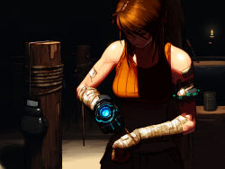 Rule 34 | 00s, 1girl, armlet, bandages, bandaged hand, bandaid, bandaid on shoulder, bare shoulders, black gloves, boxing gloves, brawler (dungeon and fighter), breasts, brown eyes, brown hair, candle, clenched hand, collarbone, crop top, dungeon and fighter, fighter (dungeon and fighter), gloves, hair between eyes, hair ornament, hairclip, highres, jung wook choi, long hair, matching hair/eyes, medium breasts, midriff, ponytail, power fist, scar, shirt, sidelocks, solo, striker (dungeon and fighter), sweat, taut clothes, taut shirt, upper body