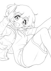 Rule 34 | 1girl, :d, absurdres, akiyama yukari, casual, commentary request, drawstring, floating, girls und panzer, highres, hood, hood down, hoodie, jacket, leg up, lineart, long sleeves, looking at viewer, medium skirt, messy hair, monochrome, open clothes, open jacket, open mouth, shiina excel, shirt, short hair, skirt, smile, solo, zipper