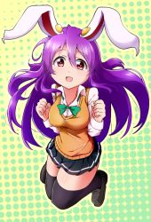 Rule 34 | 1girl, alternate costume, animal ears, black thighhighs, bow, breasts, bwell, halftone, halftone background, large breasts, long hair, long sleeves, looking at viewer, open mouth, pink eyes, pleated skirt, purple hair, rabbit ears, reisen udongein inaba, school uniform, shirt, skirt, smile, solo, sweater vest, thighhighs, touhou, very long hair, vest, zettai ryouiki