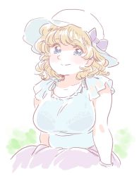 Rule 34 | 1girl, belly, blonde hair, blouse, blue eyes, bra, breasts, curly hair, female focus, hat, large breasts, maribel hearn, mitsumoto jouji, nature, pale color, plant, plump, see-through, shirt, skirt, smile, solo, touhou, underwear, white background