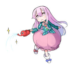 Rule 34 | 1girl, bow, bubble skirt, elephant, expressionless, hata no kokoro, long hair, long sleeves, nakashino setsu, open mouth, pink eyes, pink hair, plaid, plaid shirt, shirt, simple background, skirt, solo, touhou, very long hair, watering, watering can, white background, wide sleeves