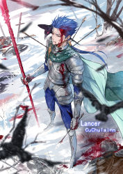 Rule 34 | 1boy, accessories, alternate costume, armor, armored boots, arrow (projectile), arrow in body, bird, blood, blood from mouth, blood on clothes, blood on face, blood on hands, blood stain, blue hair, boots, bracer, cape, character name, crow, cu chulainn (fate), cu chulainn (fate/stay night), elbow pads, fate/stay night, fate (series), faulds, feathers, gae bolg (fate), gauntlets, gloves, helmet, highres, holding, holding polearm, holding spear, holding weapon, injury, jun ling, lance, long hair, male focus, metal, open mouth, pauldrons, planted, planted sword, planted weapon, polearm, ponytail, red eyes, rock, shoulder armor, snow, solo, spear, standing, sword, tree, weapon