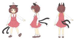 Rule 34 | 1girl, absurdres, ahoge, animal ear fluff, animal ears, arm up, blush, bow, bowtie, brown eyes, brown hair, cat ears, cat tail, chen, closed mouth, commentary request, from behind, from side, full body, highres, long sleeves, looking at viewer, multiple tails, multiple views, nekomata, no headwear, petite, petticoat, red skirt, red vest, short hair, simple background, skirt, skirt set, smile, standing, tail, touhou, two tails, vest, white background, white bow, white bowtie, yaminabe (honnouji no kaninabe)