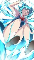 Rule 34 | 1girl, absurdres, blue dress, blue eyes, blue hair, bottomless, bow, bowtie, bright pupils, cirno, collared shirt, convenient leg, cryokinesis, dress, from below, full body, hair bow, highres, ice, ice wings, looking at viewer, nagomian, pinafore dress, red bow, red bowtie, shirt, short hair, short sleeves, simple background, sleeveless, sleeveless dress, socks, solo, teeth, touhou, white background, white pupils, white shirt, white socks, wings