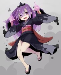 Rule 34 | 10s, 1girl, full body, grey background, high ponytail, highres, hyakkihime, japanese clothes, kimono, long hair, looking at viewer, momo (higanbana and girl), multicolored hair, no socks, open mouth, purple eyes, purple hair, sandals, solo, two-tone hair, traditional youkai, youkai watch, zouri