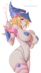 Rule 34 | 1girl, absurdres, blonde hair, blue eyes, blue headwear, breasts, closed mouth, dark magician girl, duel monster, hat, heart pasties, highres, holding, holding wand, large breasts, long hair, looking at viewer, melowh, pasties, patreon username, simple background, thighs, wand, white background, wizard hat, yu-gi-oh!